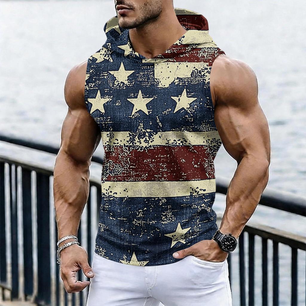 Men's Casual Sleeveless Hoodie Tank Top with Independence Day Print Lightweight Summer Muscle Fit Activewear