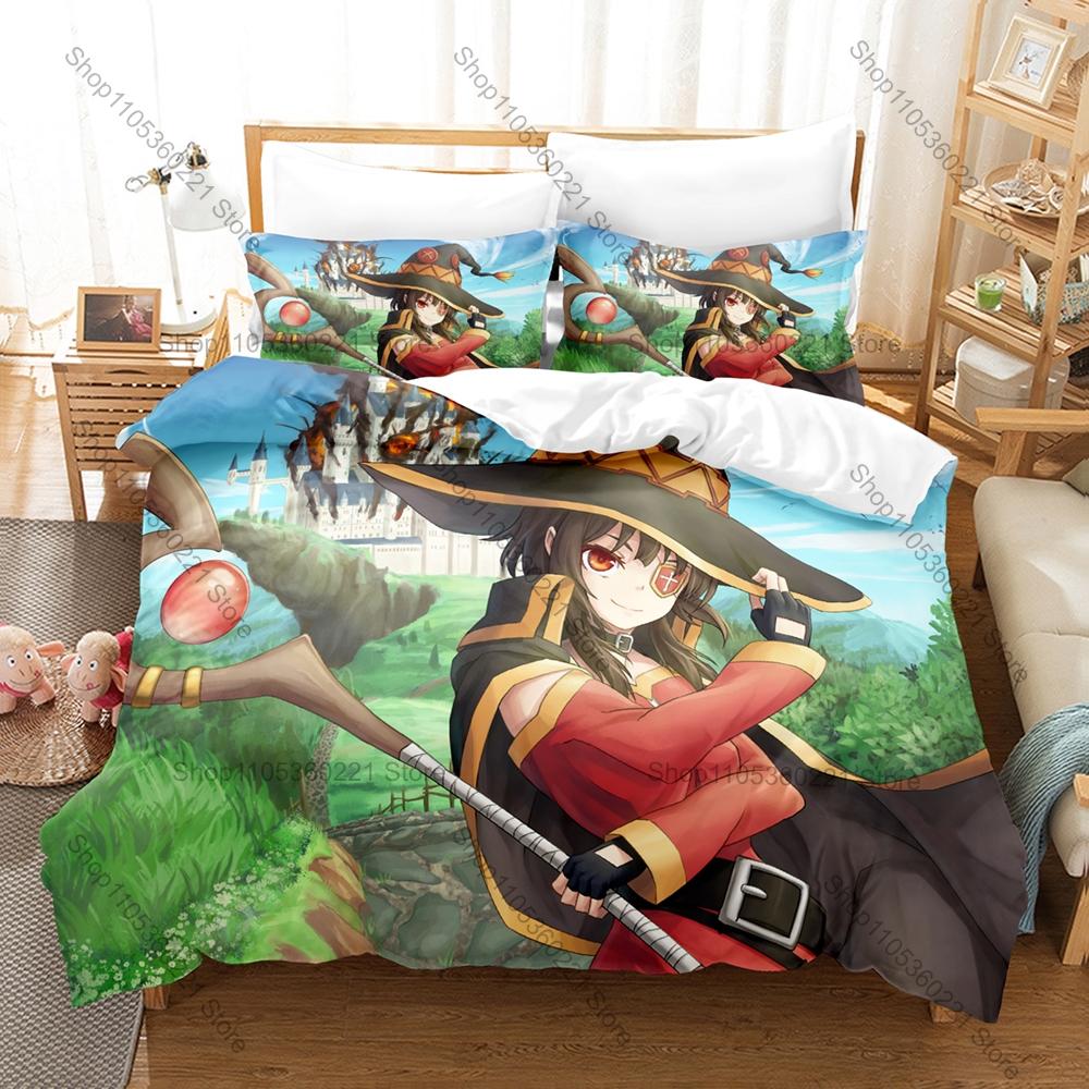 KonoSuba Four Main Party Characters Fantasy Adventure Merchandise Bedding Set Duvet Cover + 2 Pillowcases Anime Fan Holiday