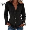 Slim Fit Fringe Blouse Women Tassel Shirt for Autumn, Button Down Everyday Wear Blouse, Solid Color Casual Long Sleeve Top, Western Cowgirl