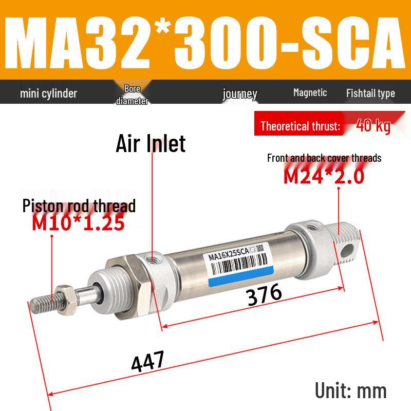 Mini Stainless Steel Pneumatic Cylinder MA Series (16-40mm Bore, 50-200mm Stroke)
