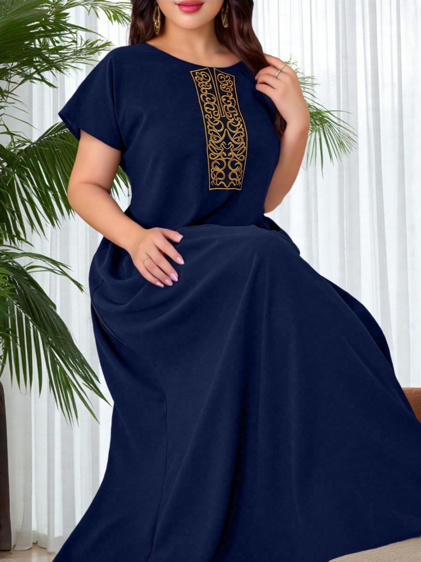 

Women s Plus Size Gold Embroidered Short Sleeve Dress - Middle East Dubai Style, Plain Color 2025 Collection 4XL темно-синього кольору
