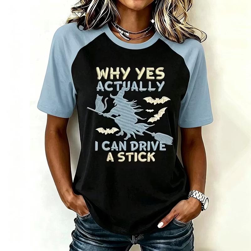 Women Halloween Witch Broom Graphic Raglan T‑Shirt Casual Short Sleeve Crew Neck Top Fall Festival Party Tee