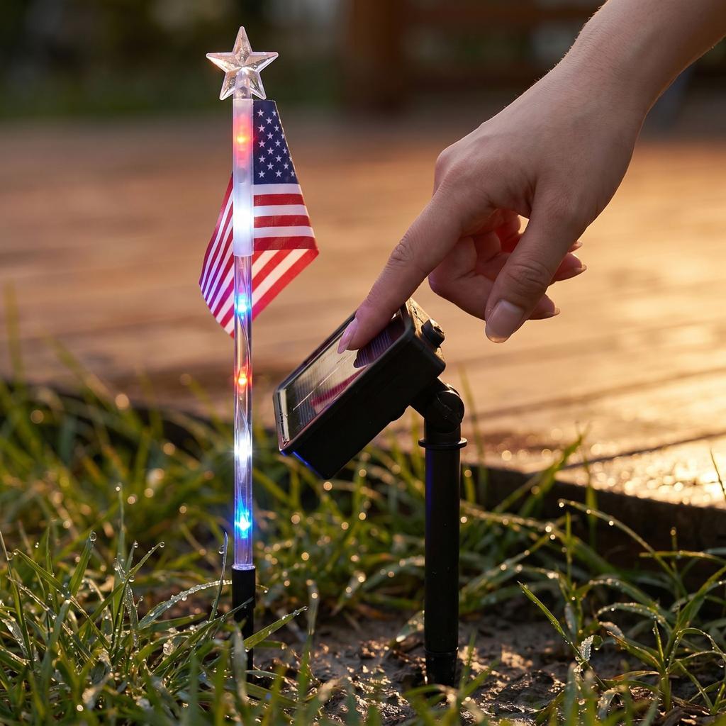 8 Pack Solar American Flag Stake Lights With 8 Modes - Patriotic Red Blue LED Outdoor Yard Garden Decorations For 4th