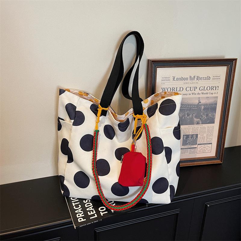 Large Capacity Polka Dot Tote Bag Korean Lazy Style Canvas Shoulder Bag Lightweight Stylish Shopping Handbag Casual Commuter Bag