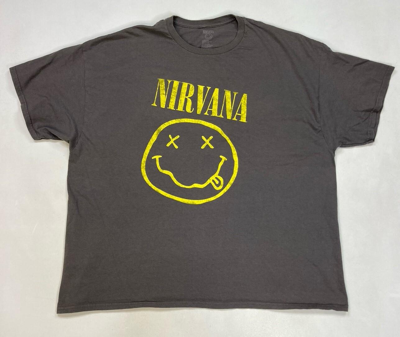 Nirvana Happy Face Graphic T-shirt Men 3XL Gray Short Sleeve Music L