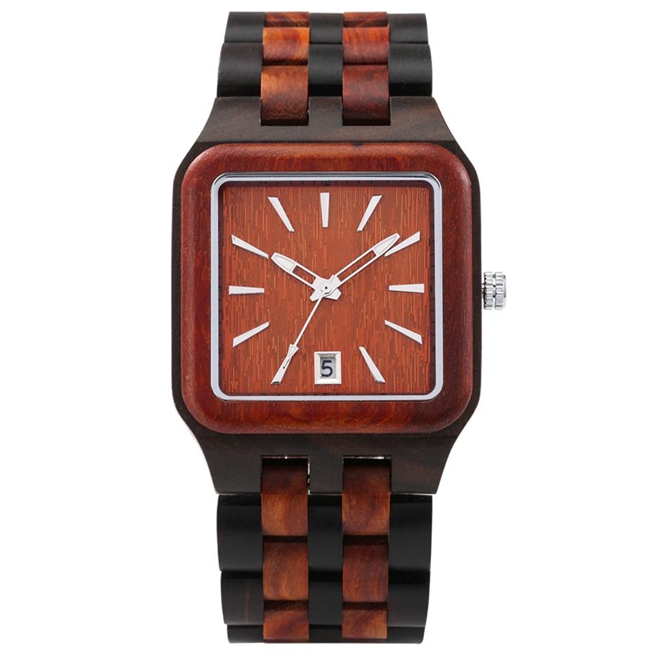 Retro Wood Calendar Watches for Men Creative Rectangle Dial Clock Man Full Natural Wooden Band Watch Date Quartz Wrist Watches