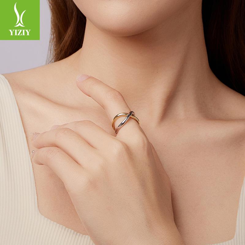 Color Separation Electroplated Metal Sense Staggered Opening Ring S925 Sterling Silver Line Interwoven Double-Layer Ring