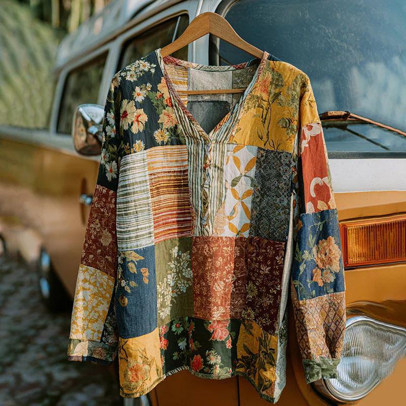 Vintage V-neck Color Block Plus Size Long Sleeve Top S