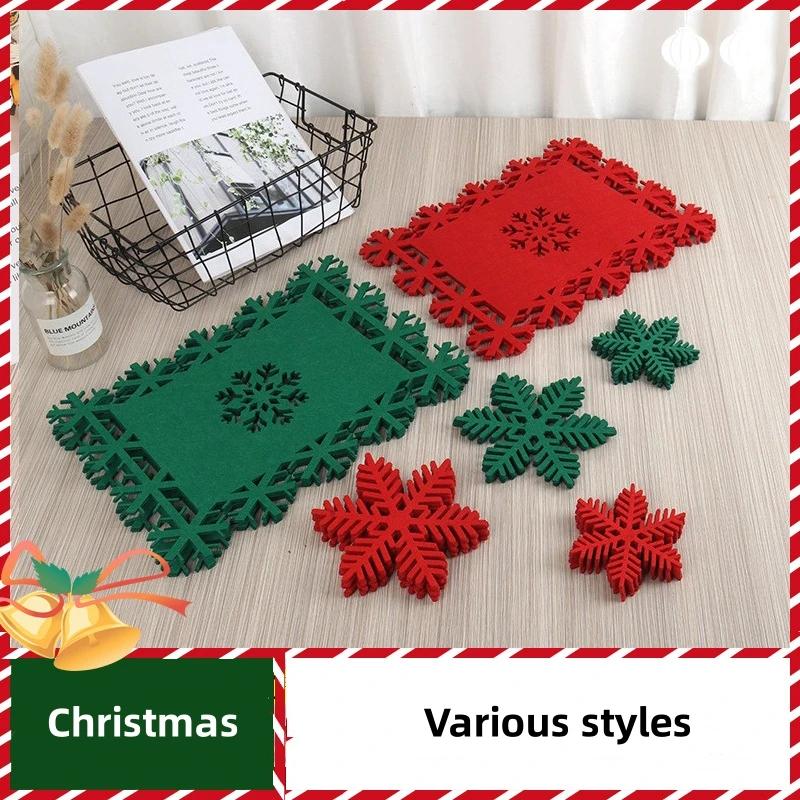 12pcs Christmas Tableware Mat Snowflake Shaped Felt Cup Mat AntiSkid Table Placemat Kitchen Food Bowl Mat Cushion for Home Table