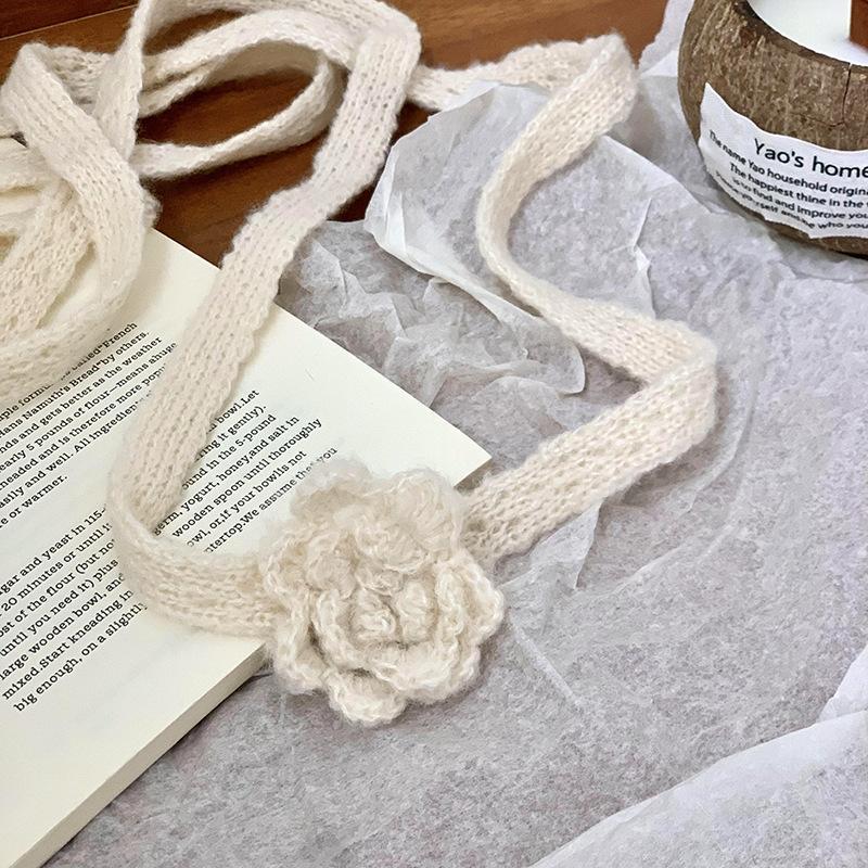 3D Rose Niche Handmade Crochet Scarf Thin Narrow Ribbon Spring Summer Fall Scarves Belt Decorative Accessories Choker Clothing