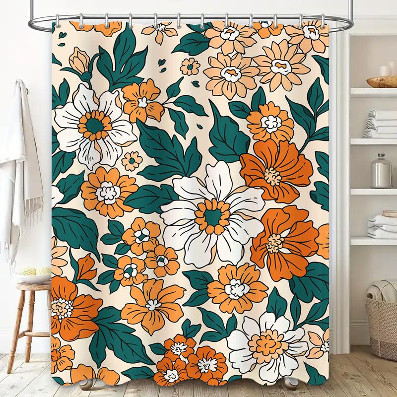 Luxury Floral Shower Curtain Set Waterproof Bath Decor With Orange White Flowers Print Modern Home Decor For Bathroom Available