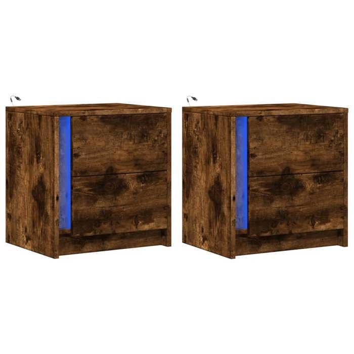 VidaXL Bedside Cabinets and LED Lights 2 Pcs Smoked Oak, Side Table, Bedside Cabinet, Side Table for the 852056