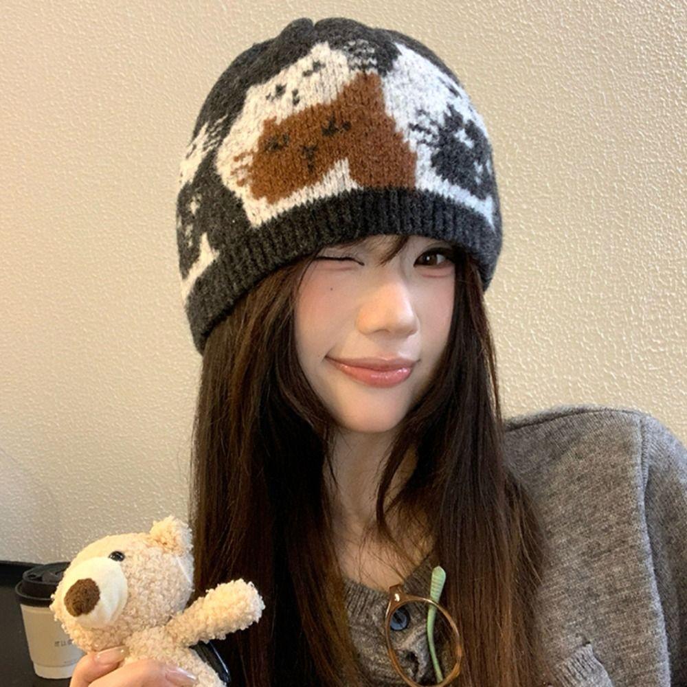 Printed Jacquard Cat Knitted Hat Warm Printing Knit Cap  Apparel Accessories