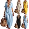 Sommer Baumwoll-Leinen Maxikleid für Damen Lässig V-Ausschnitt Kurzarm Fließendes Strand-Sonnenkleid Bestickte Tunika Langes Kleid mit Tasche