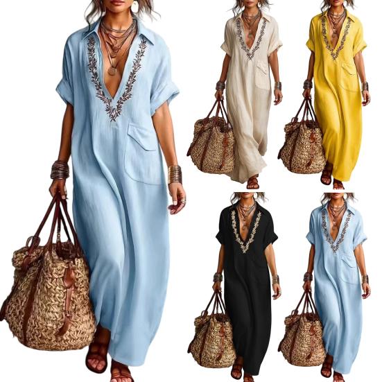 Sommer Baumwoll-Leinen Maxikleid für Damen Lässig V-Ausschnitt Kurzarm Fließendes Strand-Sonnenkleid Bestickte Tunika Langes Kleid mit Tasche