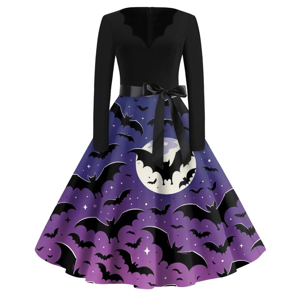 Women's Vintage Classic Dress Long Sleeve  Print V-neck Swing Dress