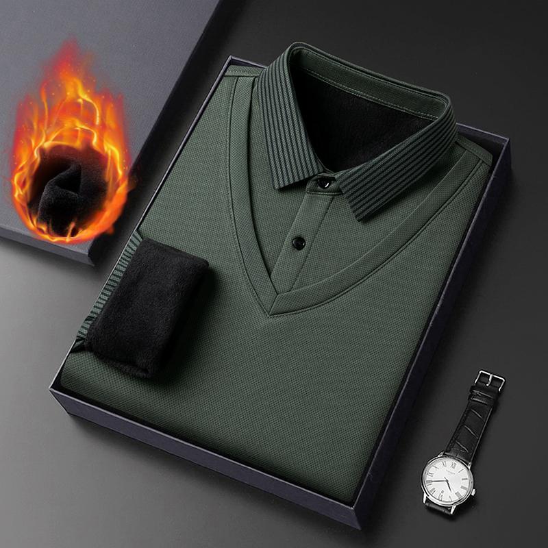 

Long Sleeve T-shirt Shirts Winter Fleece Male Lapel Fake Two-piece Striped Regular Fit Thick Plush Warm Knitted Pullover Men Top M зелений