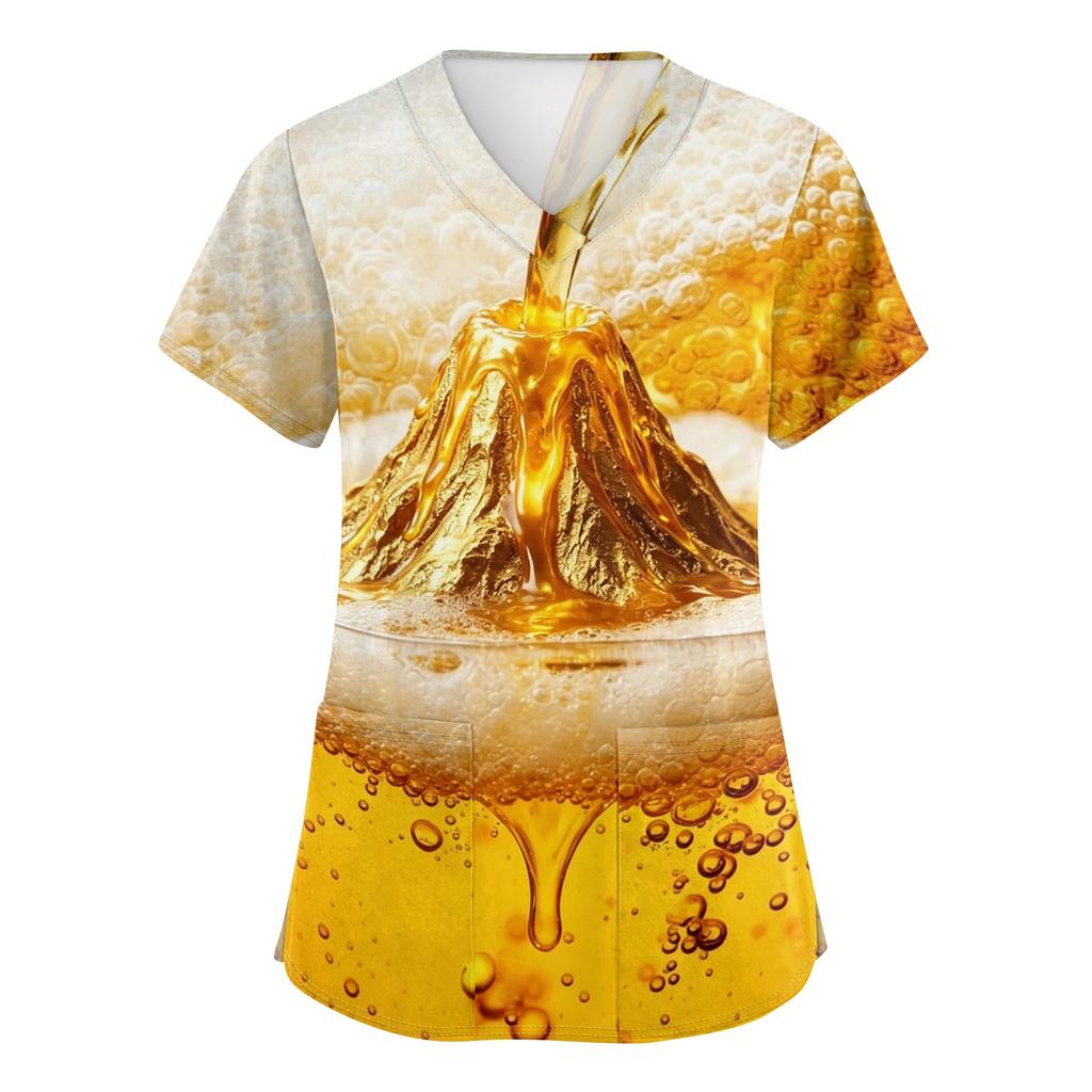 Women's V Neck Short Sleeve Work Shirt with Pockets Oktoberfest Beer Print Medical Scrub Top for Healthcare Professionals