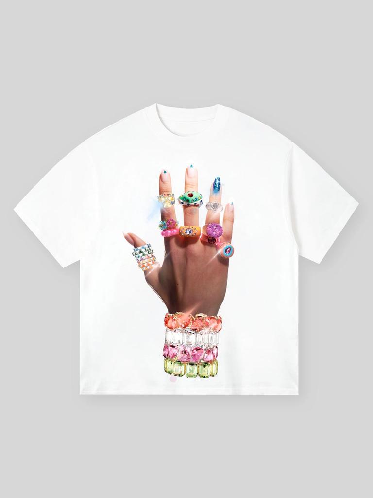 Summer Finger Graffiti Diamond Ring Printed T-Shirt Hip Hop Fashion Personality Tees Casual  Streetwear Round Neck Top Unisex