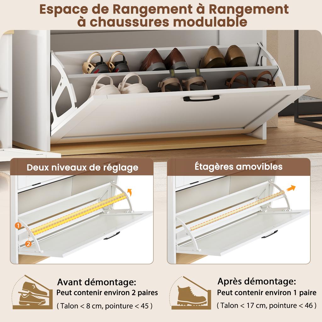Coat Rack Set, Drawer, Mirror, Shoe Cabinet with Shoe Bench, Can Be Combined, Suitable for Entryway, Living Room, White + Wood Tone, 156x36x176cm