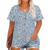 Plus Size Women's Fashion Casual Vintage Printed O-Neck Short Sleeve Button T-Shirt Top