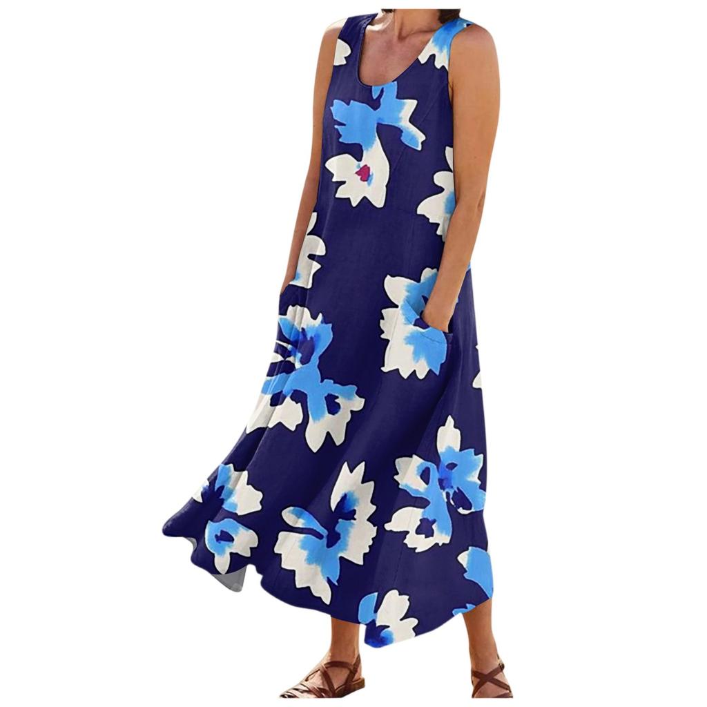 Damenmode Sommer Lässig Ärmellos Floral Bedruckt Kleine Tasche Kleider