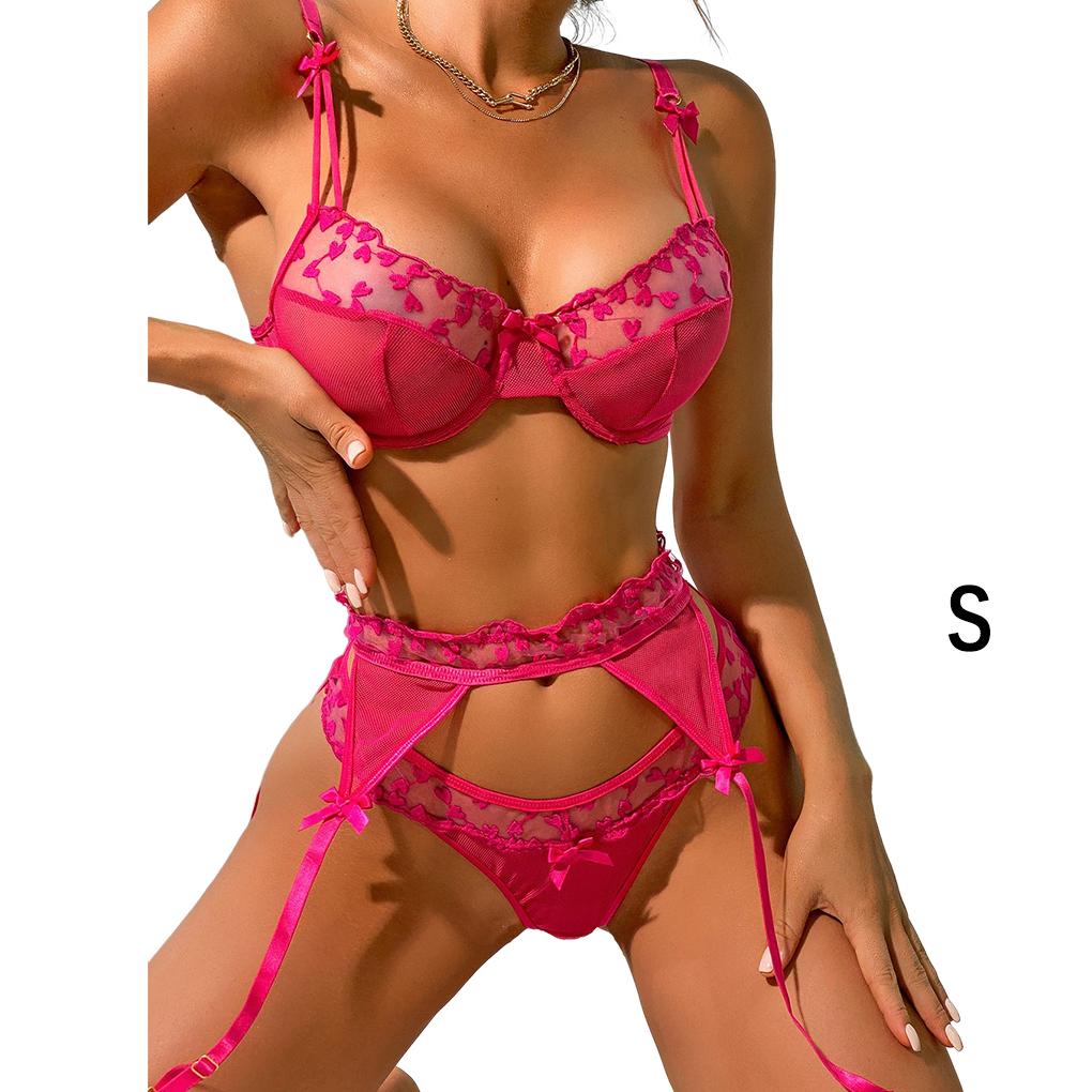 3 Pieces/Set Sexy Embroidery Bra Garter Lingerie Photography Thong Bowknot Underwear Kit Female Sleepwear