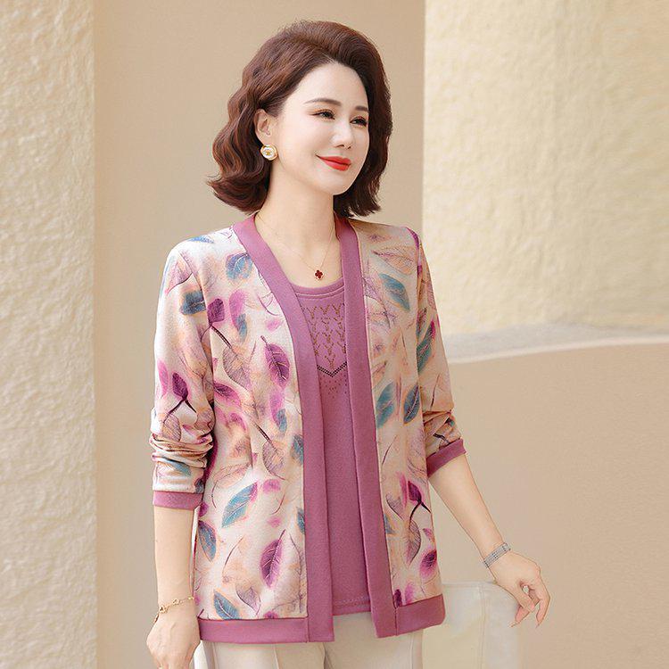 

Elegant Printed Cardigan & Base Layer Set for Mature Women - Stylish Two-Piece for Spring & Autumn XL розовый