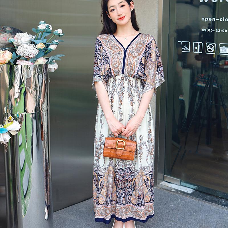 Dame Casual Blomstret V-halskjole Irregulær Tone Casual Rund hals Lang