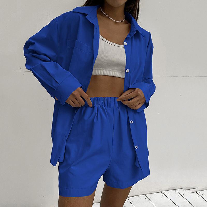 

Hirsionsan, летние однотонные модные повседневные комплекты из двух предметов, женские рубашки с короткими рукавами и шорты с высокой талией, женский свободный мягкий спортивный костюм L
