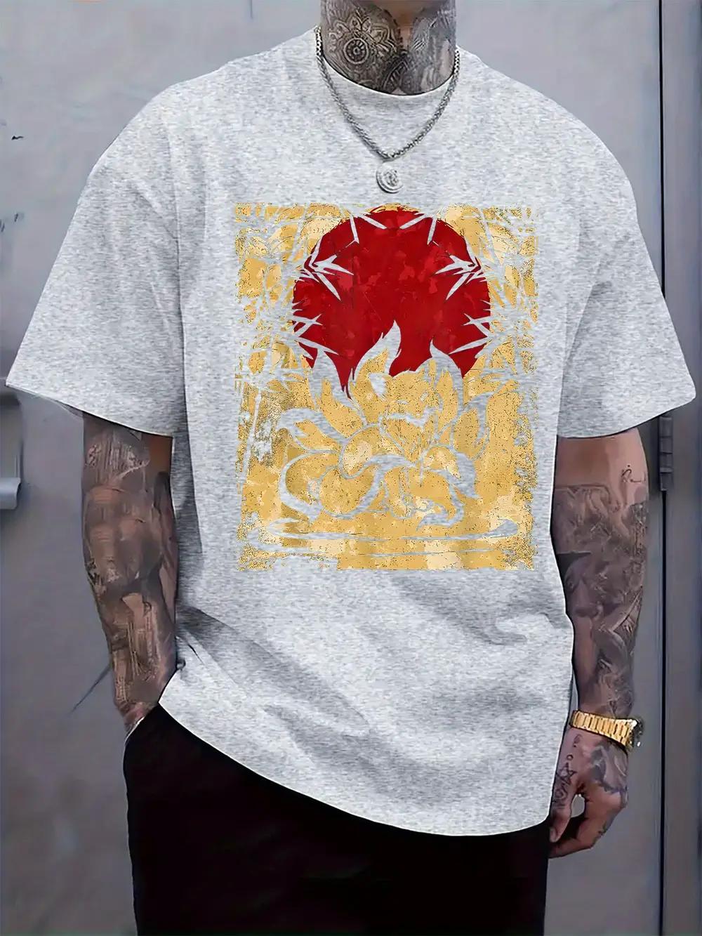 Mystical Fox Spirit Print Crew Neck Short Sleeve T-shirt - Casual Regular Fit XXXL
