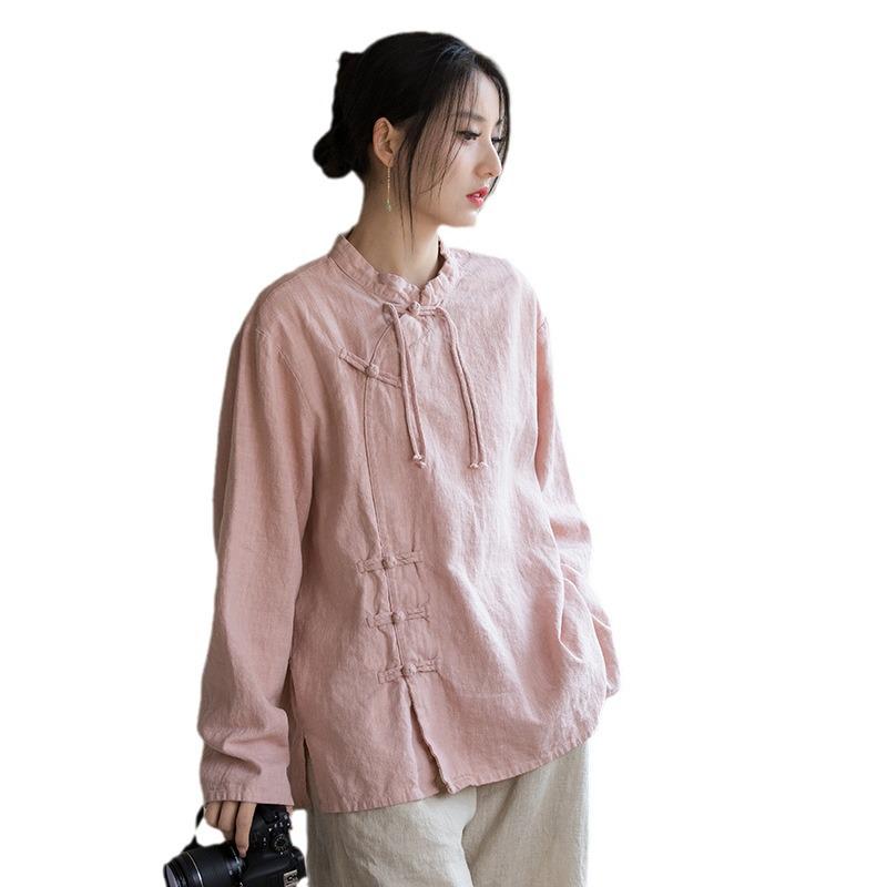 Spring Style Women's Ramie Cotton Long Sleeve Top with Handmade Frog Buttons