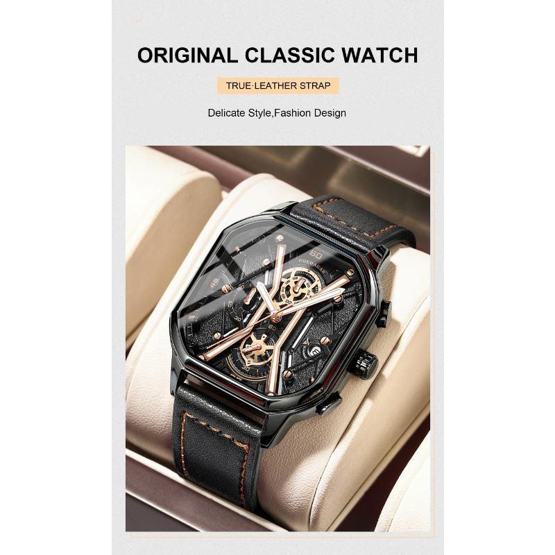 POEDAGAR Fashion Men Wristwatches Luxury Chronograph Luminous Waterproof Date Watch Square Dial Leather Quartz Watches