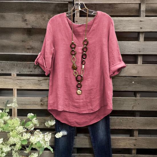Women Shirt V-Neck Short Sleeve Loose Fit Tee Shirt Pure Color Summer Casual Blouse