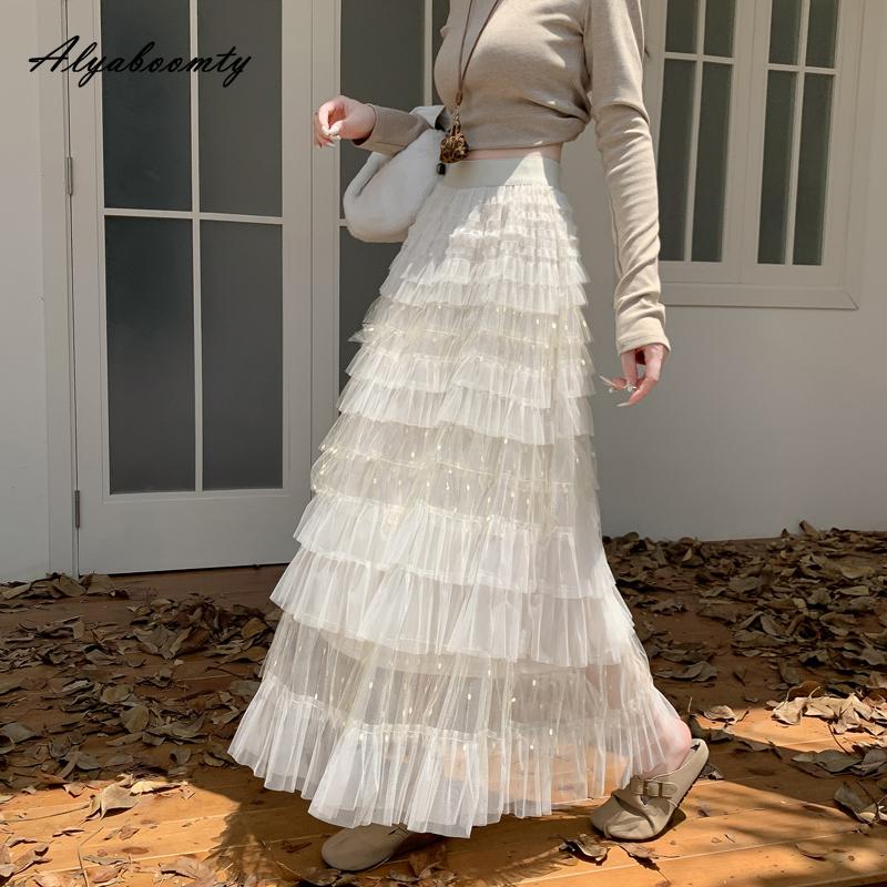 Fairycore Autumn Winter Women Maxi Long Princess Skirt High Waist Beige Purple Layered Ruffles Mesh Skirt Romantic Tierred Party Feminine Skirts