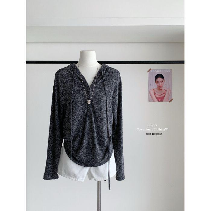 Korean-Style V-Neck Hooded T-Shirt for Women - Casual Loose Fit, Half-Buttoned, Early Autumn Top