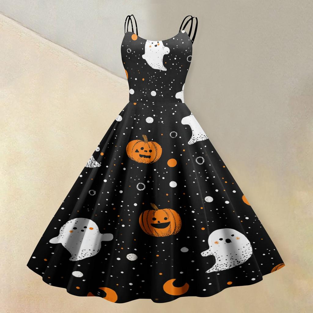 Women's Sleeveless Halloween Print Dress Vintage Style Round Neck Casual Fit and Flare Midi Dress with Spaghetti Straps and Festive Pattern