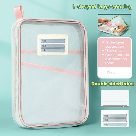 Mesh Zipper Pouch File Bag A4 Letter Size 3-Layer Transparent File Bag with Handle Document Organizer for School Travel Office