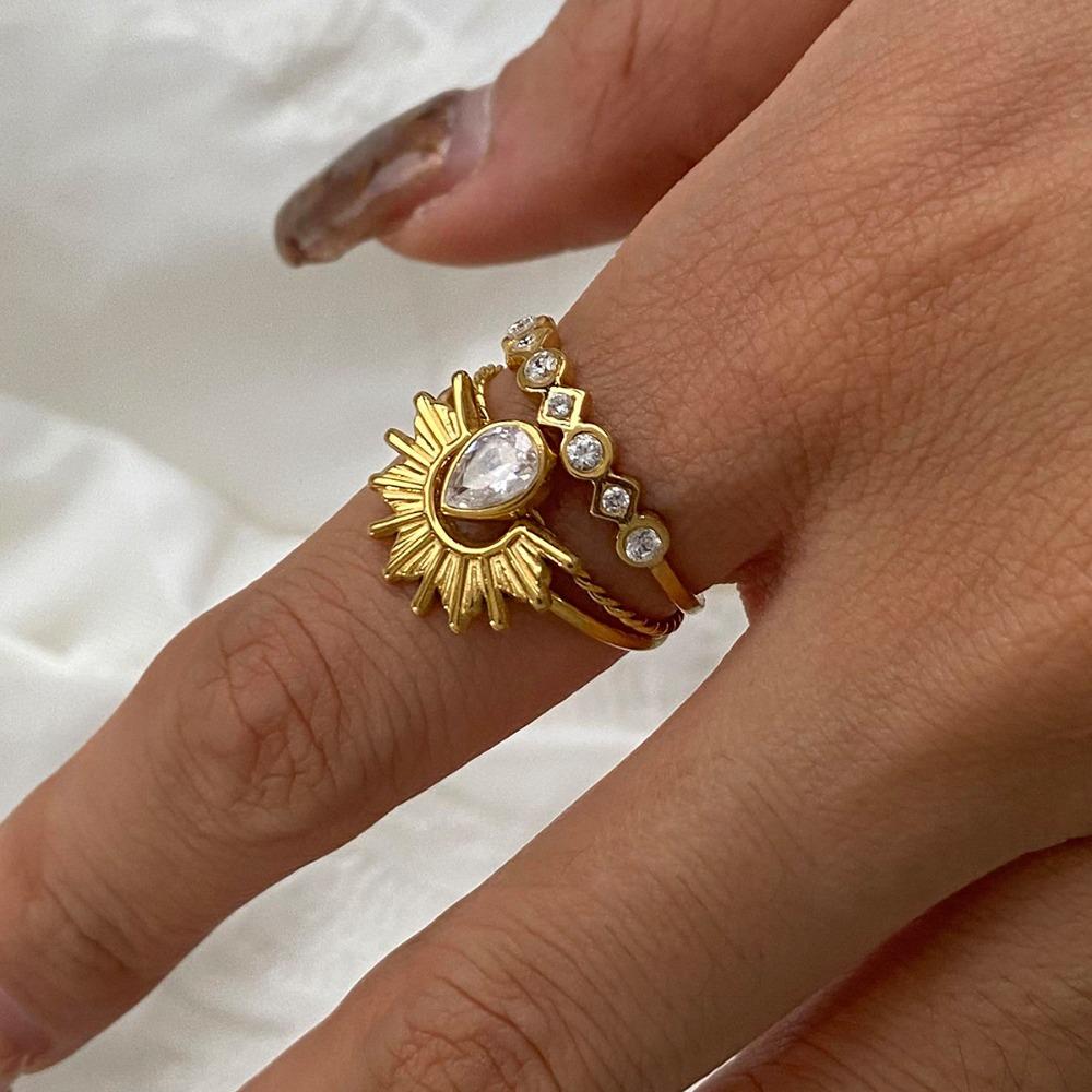 3pcs 18K Gold Color Plated Ribbed Sun Geometry Ring Stainless Steel Stackable Ring  Jewelry Gift