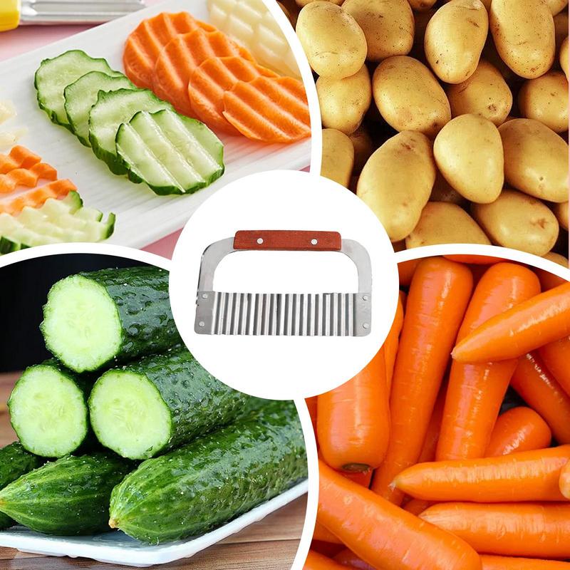 Kitchen Crinkle Cutter Fry Cutter Heavy Duty Wavy Crinkle Cutter Wooden Handle Kitchen Slicer French Chopping Cutting Tool For