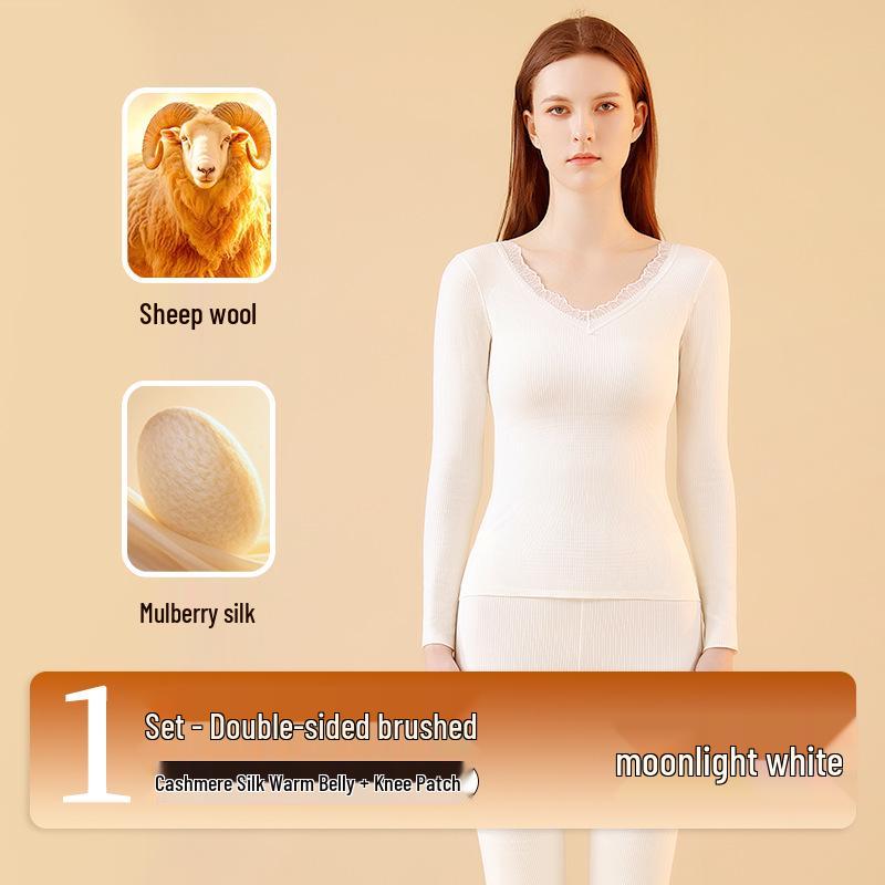 Women's Lace V-neck Warm Lingerie Set: Seamless Slimming Antibacterial Base Layer for Autumn and Winter