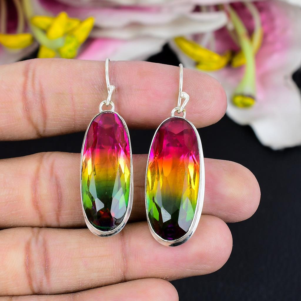 Bi-Color Tourmaline Gemstone 925 Sterling Silver Jewelry Earring 2.09" KG-1780