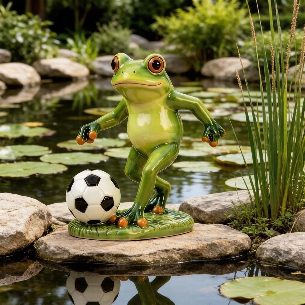 Weatherproof Frog Kicking Football Ornament Cute Frog Figurines Football Frog Sculpture Desktop