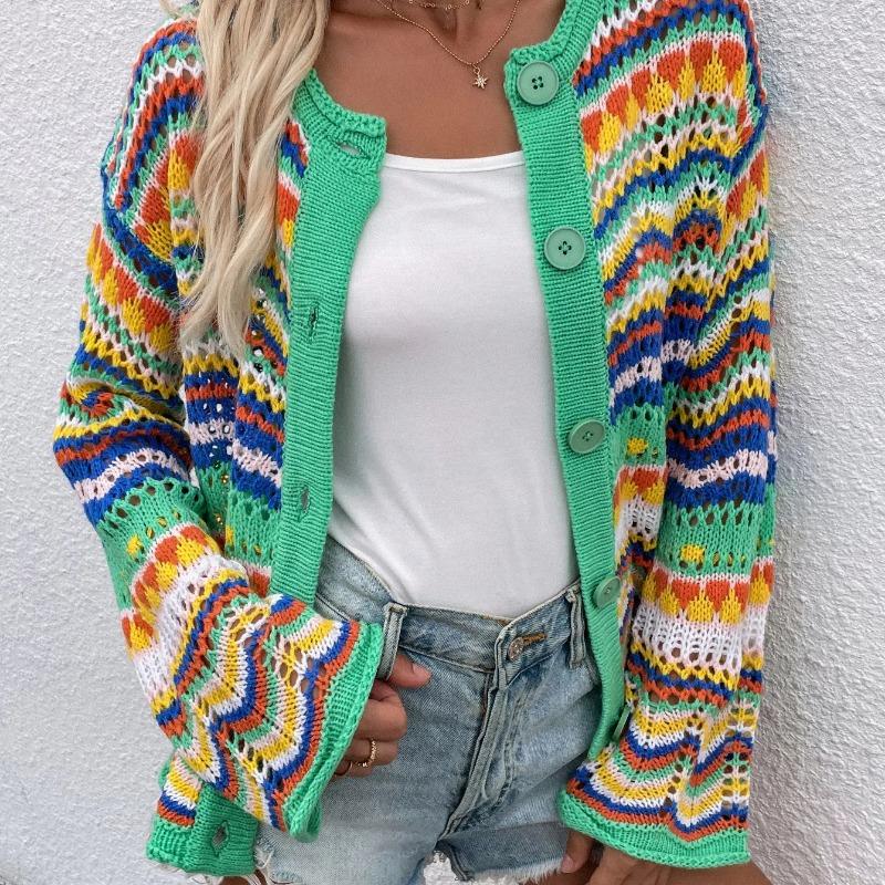 

Осінь і зима Новий смугастий светр Жіночий вільний Зовнішня торгівля Райдужний трикотаж Транскордонний жіночий кардиган XL зелений