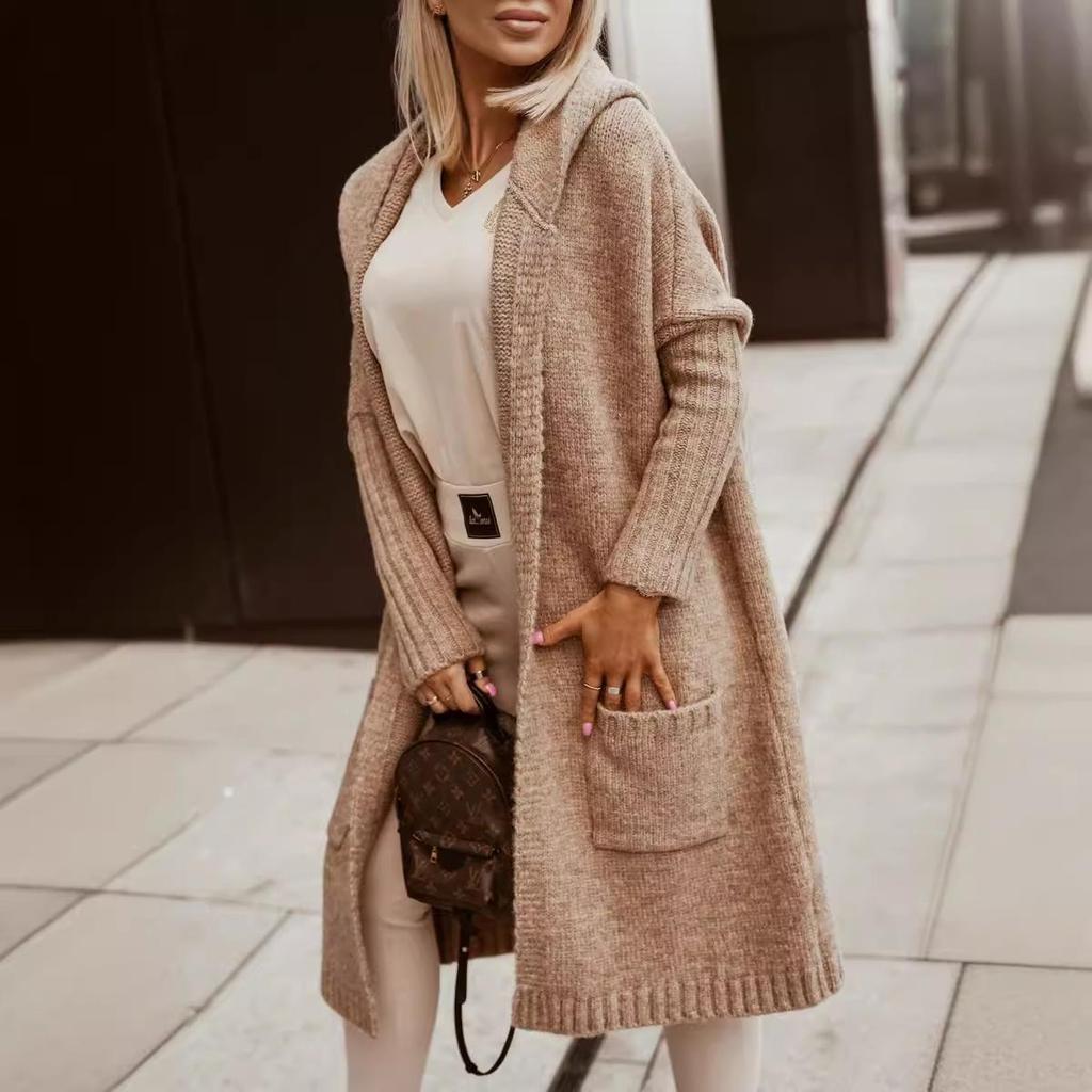 Cross-Border Wool Hooded Cardigan: Loose, Long, Knitted Sweater with Letter Design