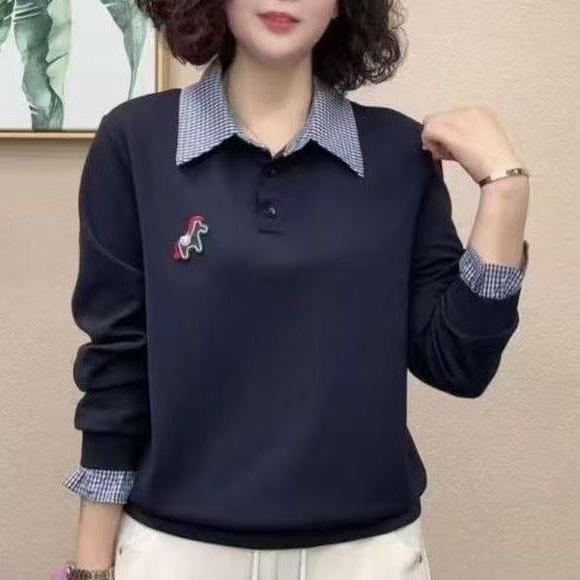 

Plus Size Maternity Long Sleeve Layered Top for Middle-Aged Women - Autumn/Spring 3XL (130-150 jin) темно-синього кольору