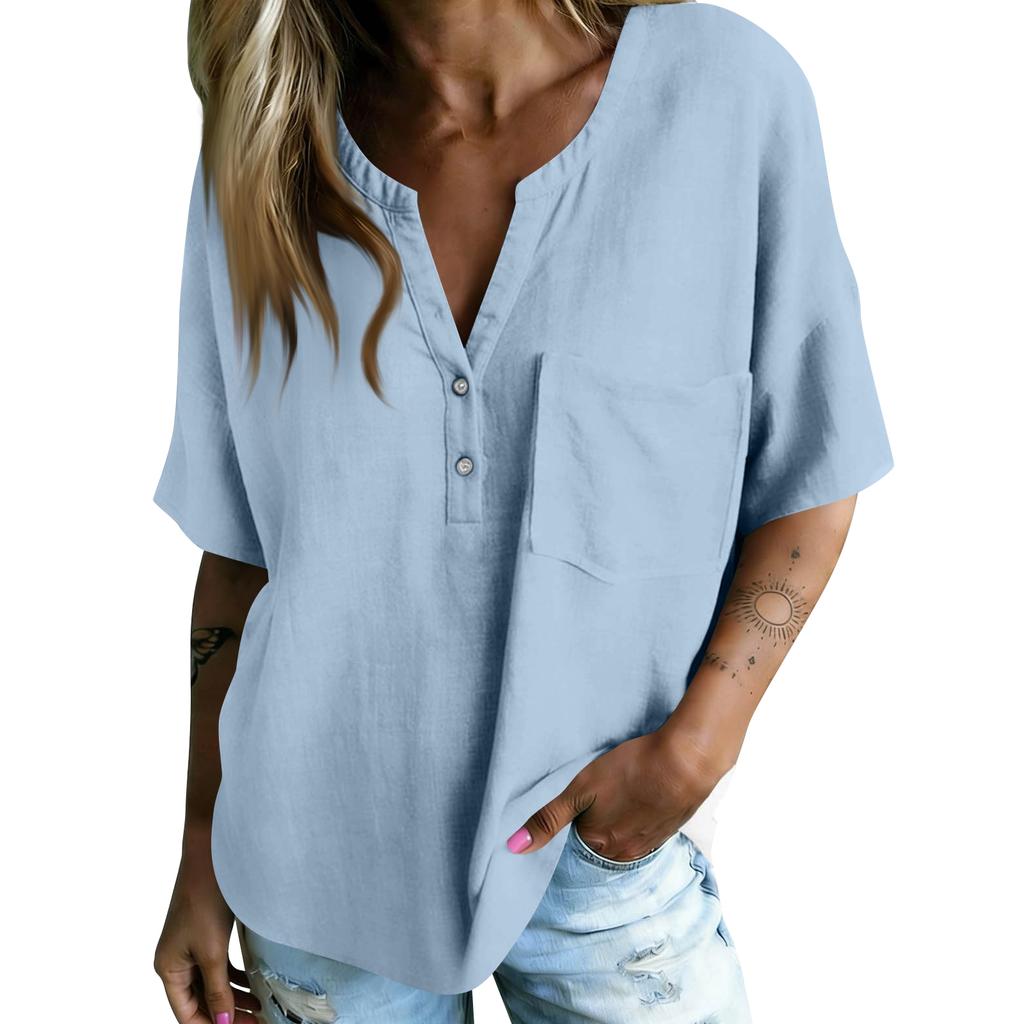 Women Casual V Neck Blouse Short Sleeve Bohemian Style Shirt Loose Fit Lightweight Summer Top with Button Detail and Pocket