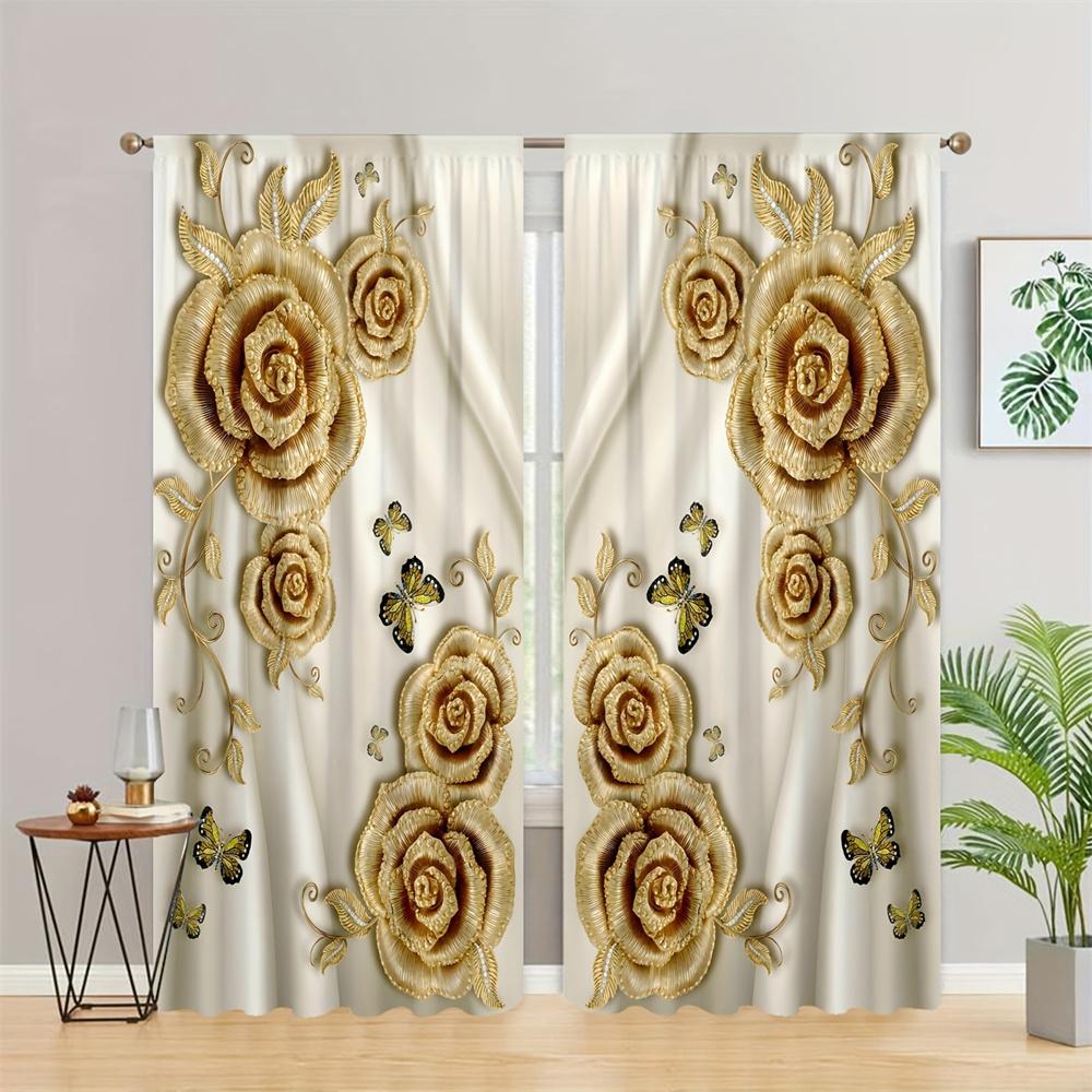2Pcs Luxury Pearl Gold Flower Diamond Rose Window Treatment Curtains Blinds For Living Room Kids Bedroom Kitchen Door Home Decor