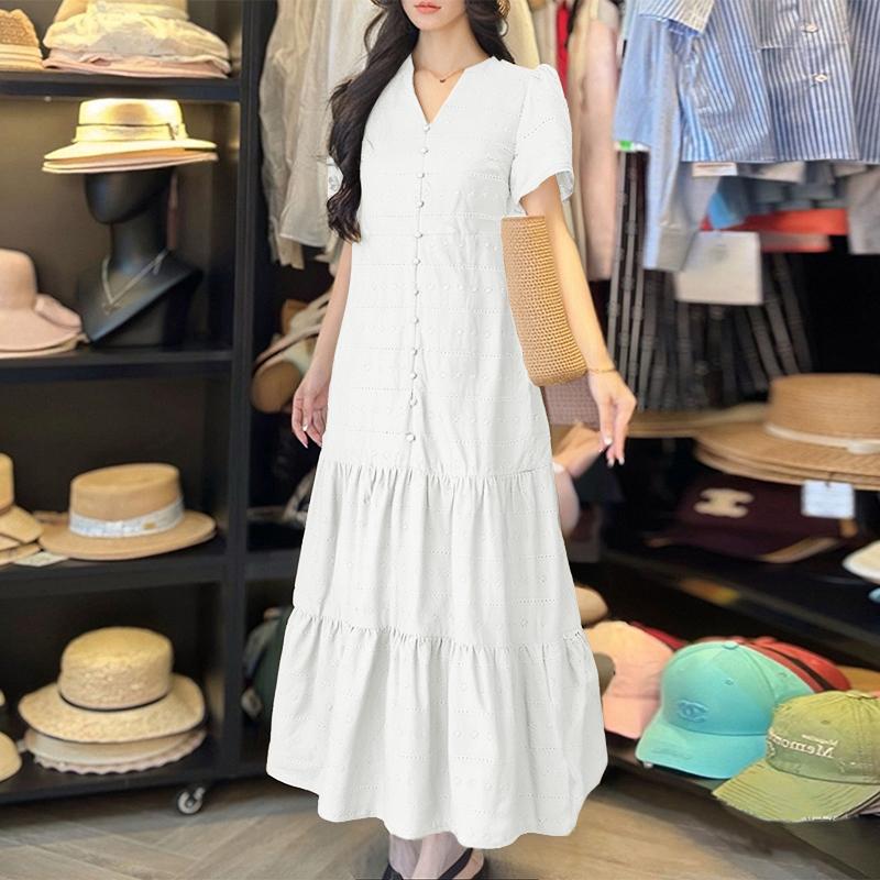 ZANZEA Women Elegant Embroidery Crochet Patchwork Short Sleeve Long Dress S белый