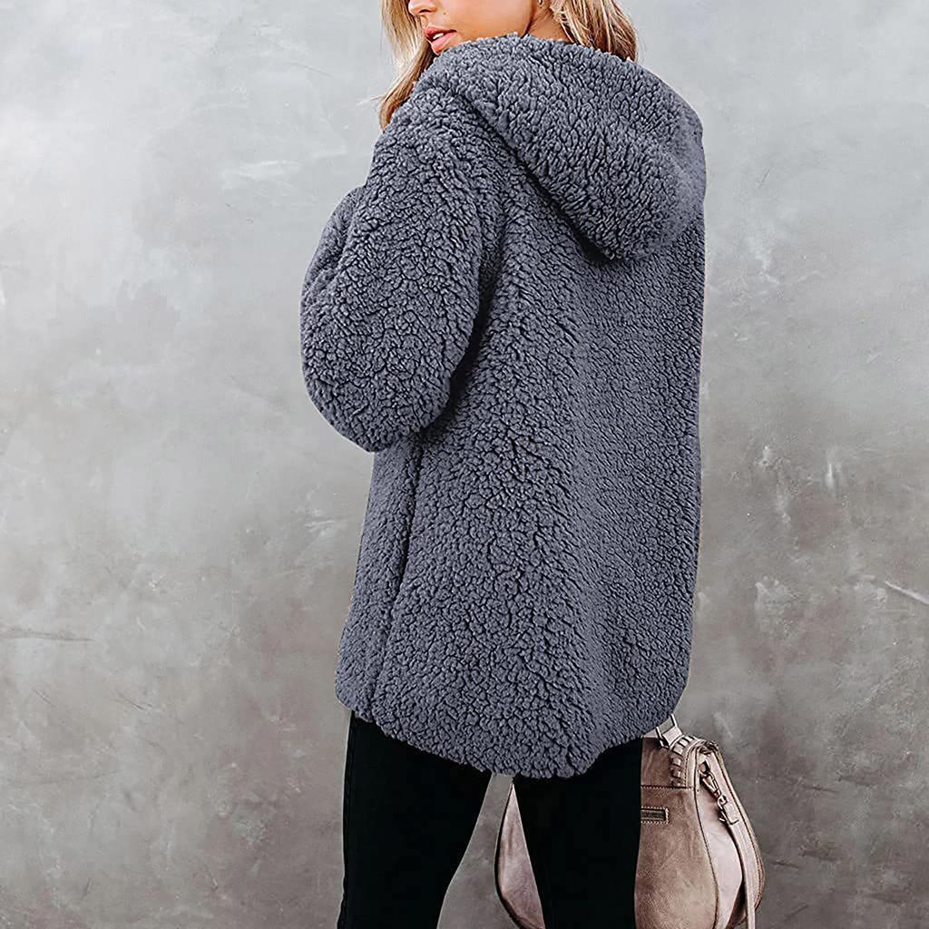 Women's Solid Color Hooded Long Sleeve Zip Plush Sweatshirt Coat Outwear